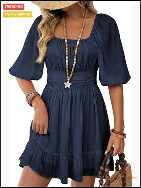 Square Neck Tie Back Lantern Sleeve Ruffle A-Line Casual Dress